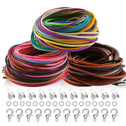 60 Farben 1M x 3mm Lederschnur Lederband Veloursleder Band Faden für DIY Armband Halskette Schmuck Handwerk, Set mit 100pcs Schnurenden und 20pcs Verschlüsse von SOSMAR von SOSMAR