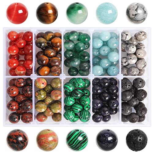 SOSMAR 170 Stück Natürliche Edelsteine ⌀10mm rund Perlen für Armbänder Halsketten Schmuck Basteln Auffädeln, 10 Sortierte Steinperlen Edelsteinperlen von SOSMAR