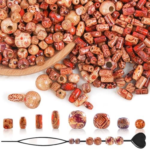 SOSMAR ​​700 Stück Holzperlen Set mit 8 Größen - Gemischte Muster, Verschiedene Formen in Einzelbeuteln - Basteln, Auffädeln für Schmuck DIY, Haar & Dreadlocks (inkl. Einfädler)​ von SOSMAR