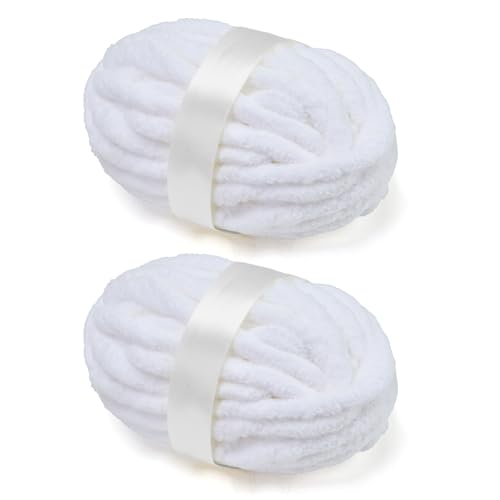 Grobes Chenille-Garn zum Häkeln/Armstricken, superweiches Jumbo-Strick-Deckengarn, Weiß, 2 Stück (30 m, 240 g pro Packung) von SOVIKER