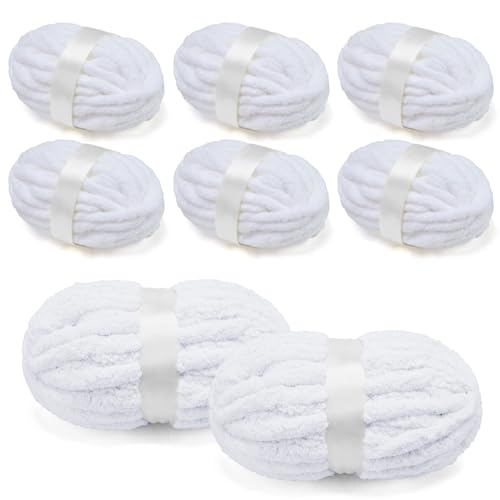 Grobes Chenille-Garn zum Häkeln/Armstricken, superweiches Jumbo-Strick-Deckengarn, Weiß, 8 Stück (32 m, 240 g pro Packung) von SOVIKER