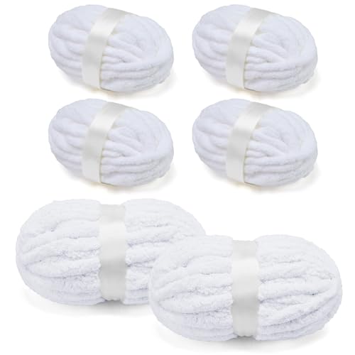 Grobes Chenille-Garn zum Häkeln/Armstricken, superweiches Jumbo-Strick-Deckengarn, weiß, 6 Stück (32 m, 240 g pro Packung) von SOVIKER