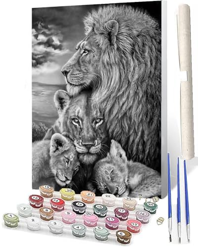 SOWBIL Malen nach Zahlen Erwachsene Löwenfamilie Ölmalerei Bastelset für Anfänger und KinderInklusive Knitterfreie Leinwand Farben3 Pinselfür Home Haus Deko 40x50cm von SOWBIL