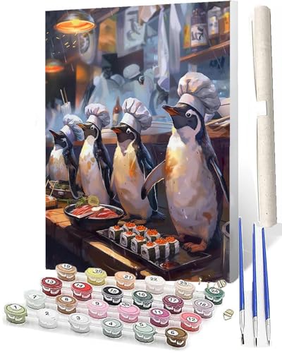 SOWBIL Malen nach Zahlen Erwachsene Pinguin-Koch Ölmalerei Bastelset für Anfänger und KinderInklusive Knitterfreie Leinwand Farben3 Pinselfür Home Haus Deko 40x50cm von SOWBIL