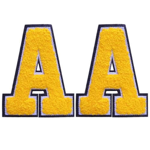 Aufbügler mit Buchstaben zum Aufbügeln, 11,4 cm, große Chenille-Patches für Kleidung, Kapuzenpullover, Tasche, 2 Stück (Gelb, A) von SOYCEV