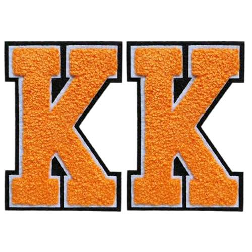 Aufbügler mit Buchstaben zum Aufbügeln, 11,4 cm, große Chenille-Patches für Kleidung, Kapuzenpullover, Tasche, 2 Stück (Orange, K) von SOYCEV