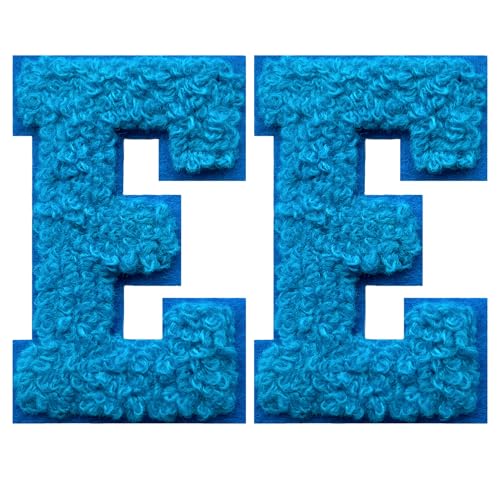 SOYCEV Chenille-Buchstaben-Aufnäher zum Aufbügeln, für Kleidung, Jacke, Tasche, Kapuzenpullover, Blau, E, 2 Stück von SOYCEV