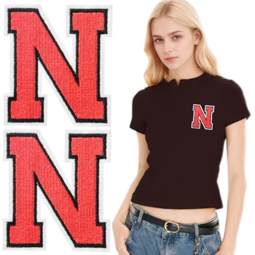 SOYCEV Letterman Jacken-Aufnäher zum Aufbügeln, 11,4 cm, groß, bestickte Buchstaben, Applikation, Varsity-Initialen, Aufnäher für Kleidung, Tasche, Kleid, Hut, Jeans, Rot, N, 2 Stück von SOYCEV