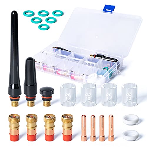 SPDYCESS 23 Stück Wig Schweißen Verbrauchsmaterial Zubehör Pyrex-Glasbecher Wig Rückkappe O-Ringe Stubby Gaslinse Verschleißteile Set mit Lagerung Kasten für WP-17/18/26 von SPDYCESS