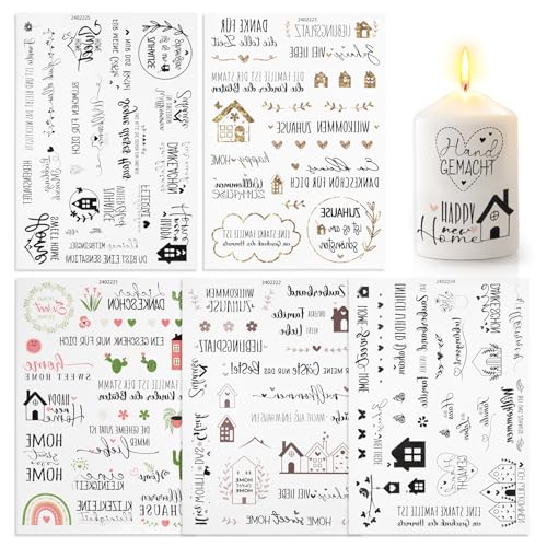 SPDYCESS 5 Pcs Kerzentattoos, Wasserschiebefolie Kerzensticker Personalisiert, Glück Familie Wassertransferdruck Kerzenfolie für Kerzen Selber Machen, Kerzen Beschriften Verzieren von SPDYCESS