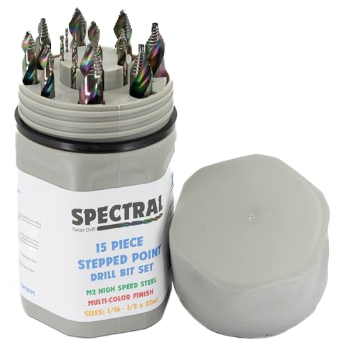 Spectral HSS-Bohrer-Set, 15-teilig, 1/16 Zoll - 1/2 Zoll, rundes Gehäuse, 135° geteilte Spitze, M2-Stahl, 3 flacher Schaft, mehrfarbig von SPECTRAL Twist Drill
