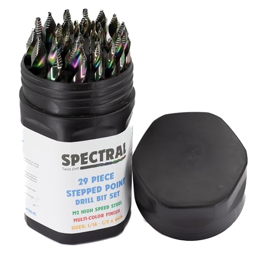 Spectral HSS-Bohrer-Set, 29-teilig, 1/16 Zoll - 1/2 Zoll, rundes Gehäuse, 135° geteilte Spitze, M2-Stahl, 3-flacher Schaft, mehrfarbig von SPECTRAL Twist Drill