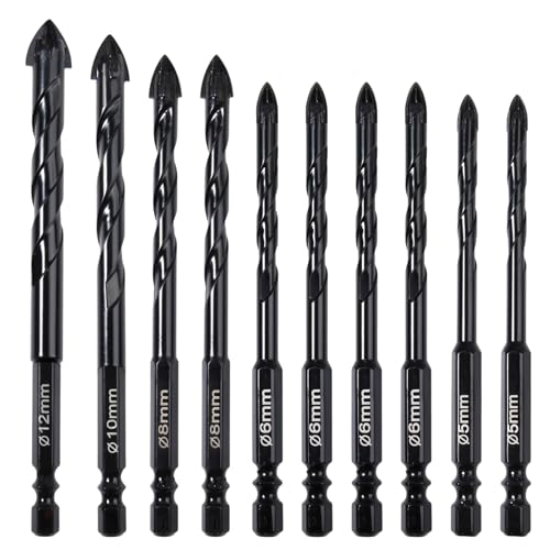 SPEEDWOX 10 Stück Mauerbohrer, Zementbohrer, professionell, Hex Shank, Betonbohrer, 5 mm-12 mm, Wolframkarbid-Spitze für Zementfliesen aus Glasziegel von SPEEDWOX