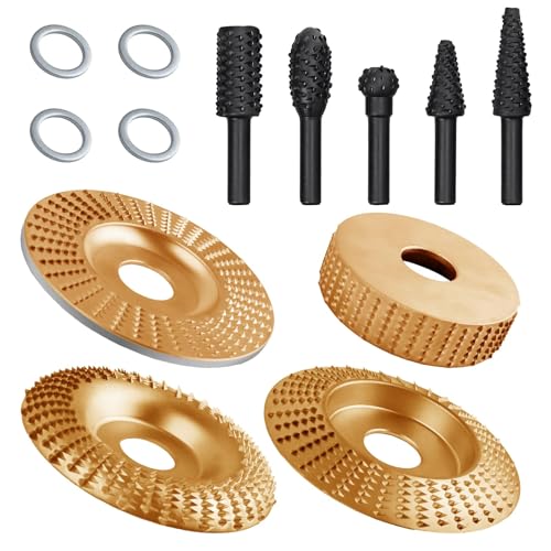 SPEEDWOX 4-teiliges Winkelschleifer-Holzschnitzscheiben-Set mit 5-teiligem Drehfrässtift-Set, Drehfräser, Holzschnitzraspel-Set mit 6,35 mm Schaft, Holzschnitzfeile, Raspeln, Bohrer zum Entgraten von SPEEDWOX