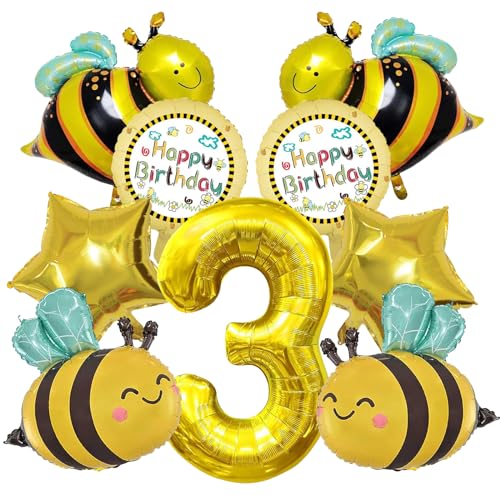 SPERMUOY Geburtstag Deko Biene 3 Jahre, 10 Stück Biene Party Ballon 3 Jahre Bienen Luftballon Set 3. Kinder Geburtstag Deko, Gold Schwarz Nummer 3 Ballon, Kinder Folienballon Geburtstagsparty. von SPERMUOY