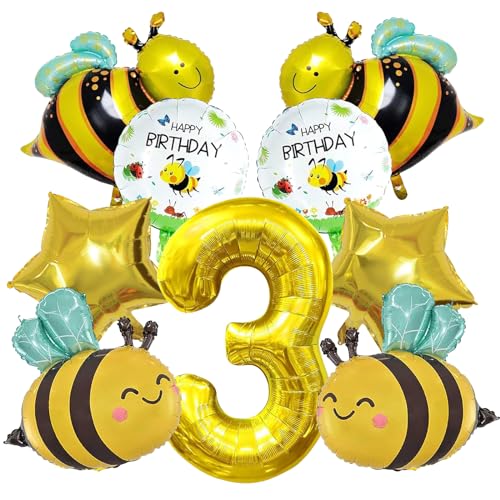 SPERMUOY Geburtstag Deko Biene 3 Jahre, 10 Stück Biene Party Ballon 3 Jahre Bienen Luftballon Set 3. Kinder Geburtstag Deko, Gold Schwarz Nummer 3 Ballon, Kinder Folienballon Geburtstagsparty. von SPERMUOY