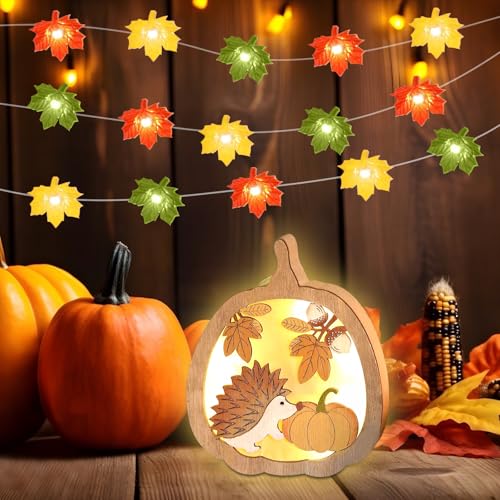 SPERMUOY Herbstdeko kürbis deko,Herbst Deko Innen Holz kürbis leuchten mit Ahornblätter Lichterketten 3D Holz LED Stimmungsleuchten für Herbstdeko Innen Tisch Fenster,Fall Decor von SPERMUOY