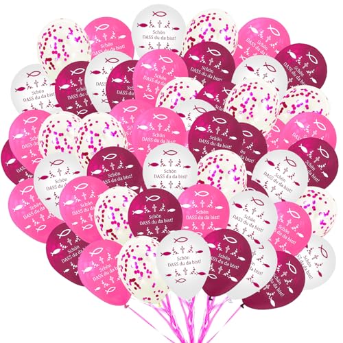 SPERMUOY Rosa Luftballons Kommunion Konfirmation Luftballons Deko für Mädchen,60 Stücke kommunion ballons rosa,Erstkommunion Dekoration Rosa Weiß Fische Ballons mit Bänder für Mädchen Geburtstag von SPERMUOY