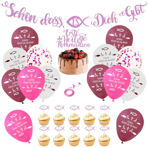 SPERMUOY Deko Kommunion luftballons kommunion mädchen,22 Ballons Konfirmation mit Kommunion Cupcake Topper,kommunion Fisch Luftballon für Taufdeko Tisch Deko von SPERMUOY
