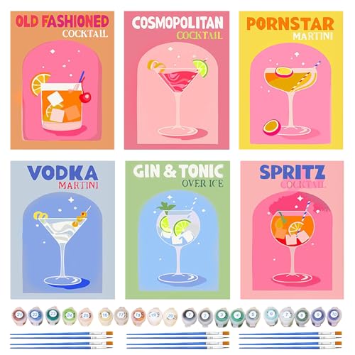 SPERMUOY Malen nach Zahlen Erwachsene Malen Nach Zahlen Cocktail,6 Stück Paint by Numbers Cocktail Malen Set,Cocktail Malen Erwachsene für Home Décor(15x20cm) von SPERMUOY