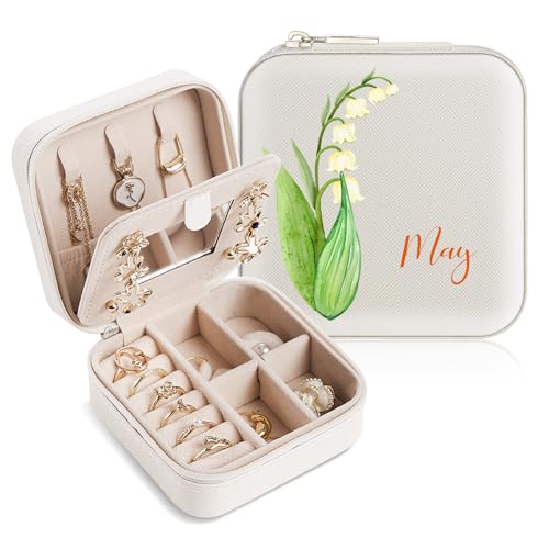 SPETYORT Personalisierte Reise-Schmuckschatulle mit Spiegel, kleine Schmuckschatulle mit bunter Geburtsblume und Namen, Schmuck-Reiseetui für Ringe, Ohrringe, Halsketten, personalisierte Geschenke von SPETYORT