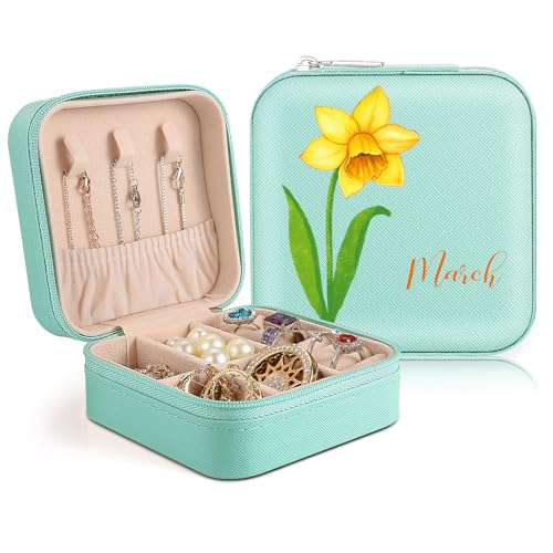 SPETYORT Personalisierte Schmuckschatulle für Frauen, Individuelle Reiseschmuckschatulle mit bunten Geburtsblumen und Namen, Kleiner Schmuckorganisator Personalisierte Geschenke für Frauen von SPETYORT