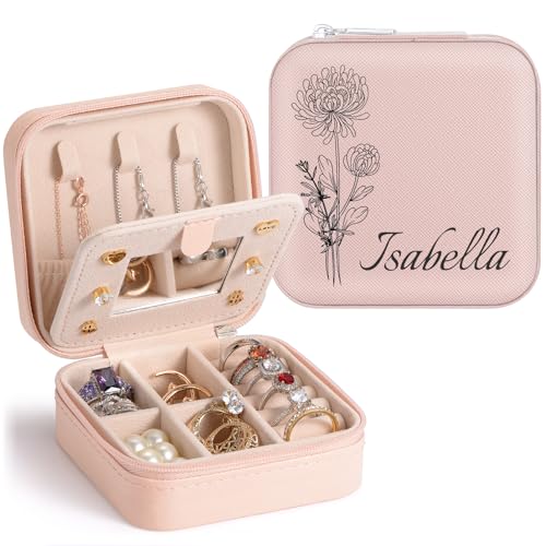 SPETYORT Personalisierte Schmuckschatulle für Mädchen, kleine Reise Schmuckkästchen mit Geburtstagsblume und Namen, Mini-Schmuckschatulle mit Spiegel, Personalisierte Geschenke für Frauen SPETYORT Personalisierte Schmuckschatulle für Mädchen, kleine Reise Schmuckkästchen mit Geburtstagsblume und Namen, Mini-Schmuckschatulle mit Spiegel, Personalisierte Geschenke für Frauen von SPETYORT