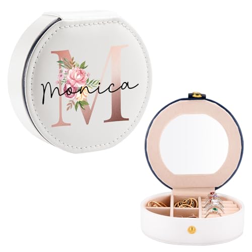 SPETYORT Personalisierte Schmuckschatulle mit Spiegel, individuelle Reise Schmuckkästchen mit Initiale und Namen, tragbarer kleiner Reise-Schmuck-Organizer, Brautjungfergeschenke von SPETYORT