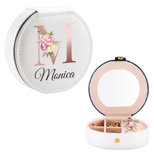 SPETYORT Personalisierte Schmuckschatulle mit Spiegel, individuelle Reise Schmuckkästchen mit Initiale und Namen, tragbarer kleiner Reise-Schmuck-Organizer, Brautjungfergeschenke von SPETYORT