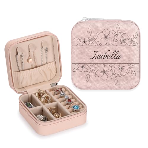 SPETYORT Personalisiertes Reise Schmuckkästchen für Mädchen, individuelle Leder-Schmuck-Organizer-Box mit Geburtsblume, kleine Schmuckschatulle, Halsketten-Organizer, Brautjungfergeschenke von SPETYORT