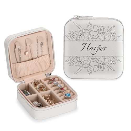 SPETYORT Personalisiertes Reise Schmuckkästchen für Mädchen, individuelle Leder-Schmuck-Organizer-Box mit Geburtsblume, kleine Schmuckschatulle, Halsketten-Organizer, Brautjungfergeschenke von SPETYORT