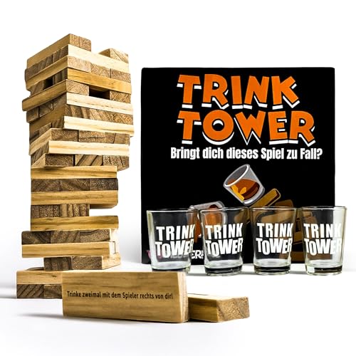 SPIELFERKEL Trinkspiel Wackelturm – Drunken Tower (deutsche Version) mit 4 Trinkgläsern, Partyspiel für Erwachsene, Junggesellenabschied, Lustiges Saufspiel mit Aufgaben, Party Trinkspiel von SPIELFERKEL Saumäßiger Spaß