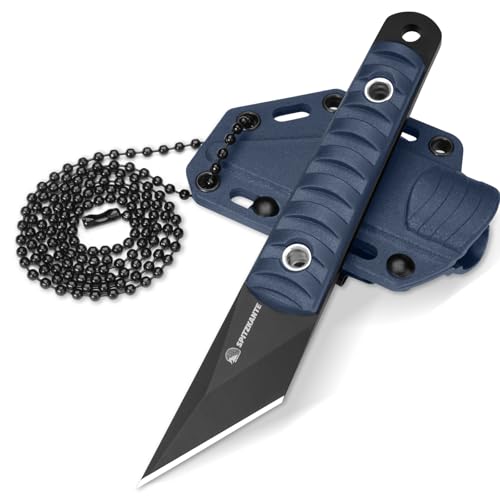 SPITZKANTE Neck Knife Messer Mini, kleines Messer Full Tang, Feststehende Klinge 5, 6cm Klingenlänge mit ABS Scheide Kugelkette, Klinge Schwarz +Blau Griff von SPITZKANTE