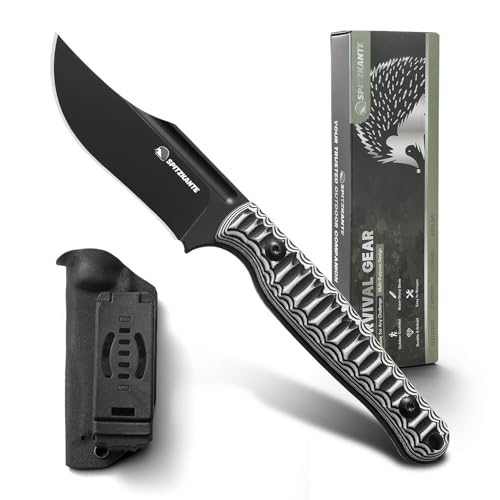 SPITZKANTE Gürtelmesser Quer LW-Y, D2 Stahl Klinge, 8, 9 cm Klingenlänge Full-Tang Design, Survival Messer mit Kydex Scheide (D-Schwarze Klinge + Zweifarbiger G10-Griff (Weiß/Schwarz)) von SPITZKANTE