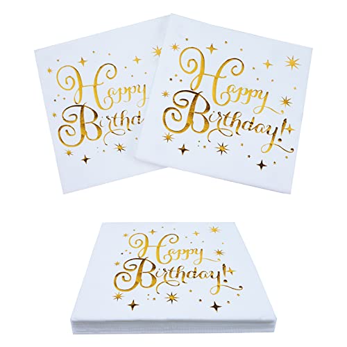 Happy Birthday Servietten, 60 Stück Servietten Geburtstag, Papierservietten Papier Napkins 33x33cm,für Mann Frau Mädchen Geburtstag Party Deko (Weiß+Gold) von SPOKKI