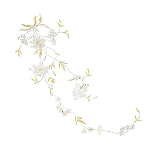 SPPEOUKJ Stickerei-AufnäHer 51 * 17CM Floral Applikation Patch Therm, Stiefmütterchen Blume Stoff Stickerei Eisen Auf Patches Kleidung Aufkleber for Kleidung, Kleid Fur AufbüGeln(White Gold 02) von SPPEOUKJ