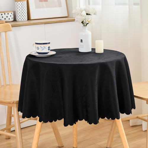 SPRICA Schwarz Runde Jacquard-Tischdecke Rund 120cm Durchmesser, wasserabweisend, einfarbig, schwere & weiche Qualität, Wasserfluss-Musterdesign, maschinenwachbar von SPRICA
