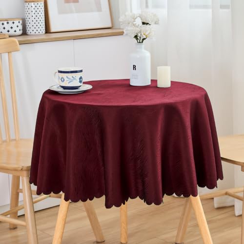 SPRICA Weinrot Runde Jacquard-Tischdecke Rund 120cm Durchmesser, wasserabweisend, einfarbig, schwere & weiche Qualität, Wasserfluss-Musterdesign, maschinenwachbar von SPRICA