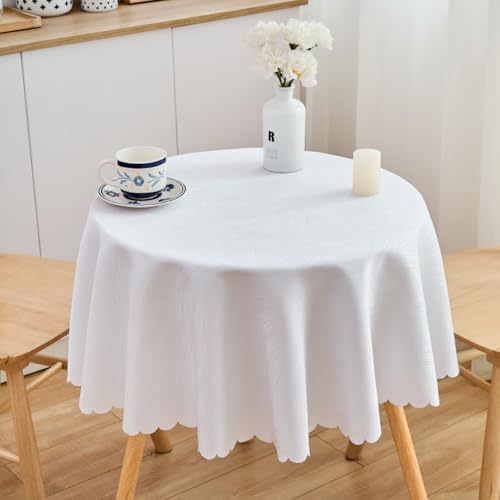 SPRICA Weiß Runde Jacquard-Tischdecke Rund 120cm Durchmesser, wasserabweisend, einfarbig, schwere & weiche Qualität, Wasserfluss-Musterdesign, maschinenwachbar von SPRICA