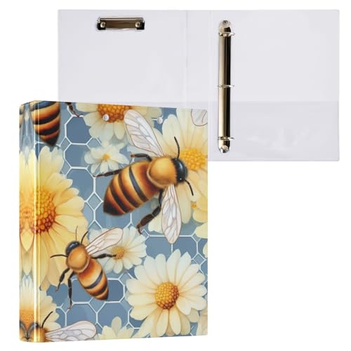 SPRIPORT Honigbienen Blumen Gänseblümchen 3,8 cm 3-Ringbuch für 200 Blatt für Bürobedarf, PVC, runder Ringordner mit transparenten Innentaschen, 3-Ring-Notizbuch, Ordner für Zuhause, Arbeit, Mann und von SPRIPORT