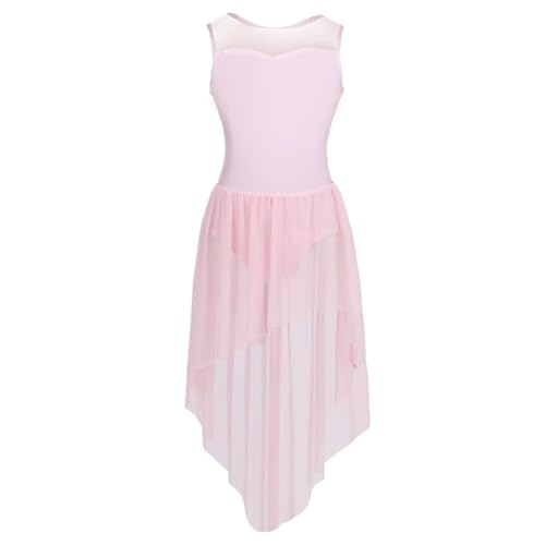 SPSMOKH Lyrisches Tanzkostüm für Mädchen, ärmellos, Netzstoff, hohe Tiefe, moderne zeitgenössische Tanzkleidung (Rosa, 7–8 Jahre) von SPSMOKH