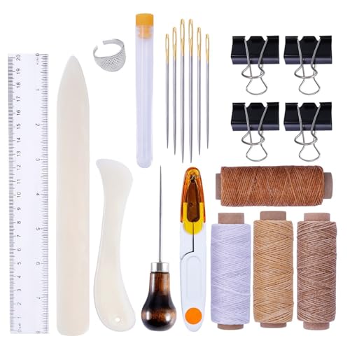 SQAQS 21pcs Handgenähtes Set, Portabilität, Leder Nähset, Lederhandwerk Ledernähset Enthalten Leder Nähahle, Hand Ledernadeln, Messingring, Spule, Greifer, Leder Werkzeuge Set für DIY Handwerk von SQAQS