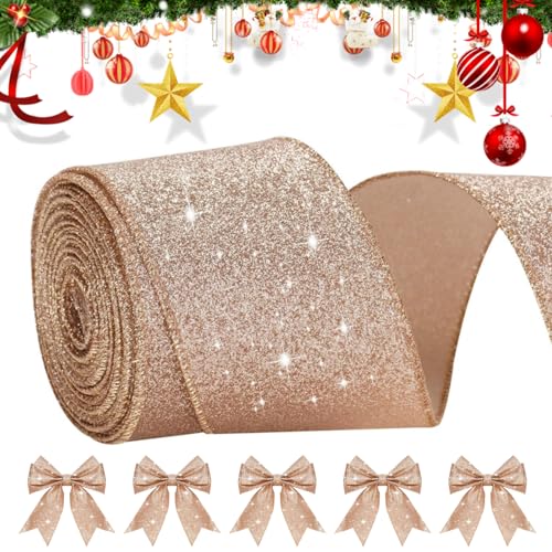 Glitzerndes Weihnachtsband, rotgoldenes Drahtband zum Verpacken von Geschenken, dekorative Geschenkbänder für Kranz, Basteln, Weihnachtsbaum und Hochzeitsdekorationen von SQHY