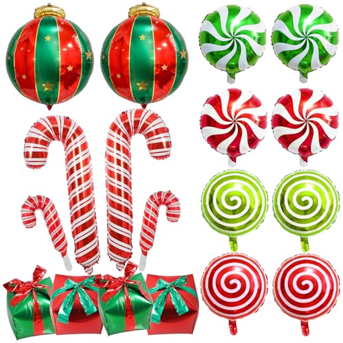 18 Stück Weihnachtsdeko Luftballons Set Weihnachten Süßigkeiten Zuckerstangen und Geschenkbox Folienballons Rot und Grün Weihnachts Candy Ballons für Christmas Deko Weihnachtliche für Weihnachtsfeier von SREBIWO