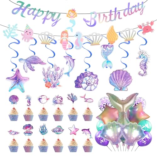 47 Stücke Meerjungfrau Geburtstag Deko Set, Iridescent Mermaid Seepferdchen Seashell Decorations Mit Happy Birthday Banner, Kuchen Toppers und Ballons für Meerjungfrau Deko Kindergeburtstag Babyparty von SREBIWO