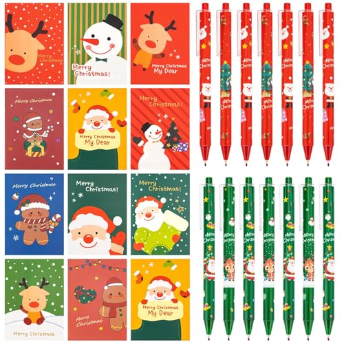48 Stücke Kugelschreiber Weihnachten Set, 24 Mini Weihnachten Notizblöcke Kinder, 24 Weihnachtsgel Tinte Stifte Cartoon, Weihnachtsmann Schneemann Rentier Muster Notizbuch Party Geschenke Bag Fillers von SREBIWO