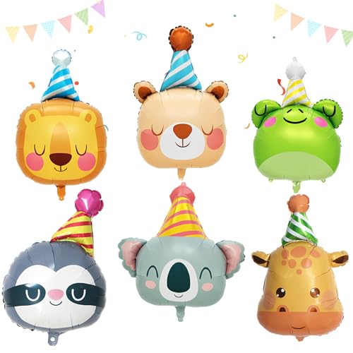 6 Stück Folienballon Tiere Geburtstag, Tierkopf Folienballons Waldtiere Geburtstag Deko Helium Ballons Tiere Party Animals für Kinder Dschungel Riesenballon Geburtstage Deko von SREBIWO