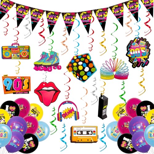 67 Stück 90er Thema Party Geburtstag Dekorationen 90er Jahre Flagge Wimpel Banner 90er Jahre Party Luftschlangen Geburtstag HäNgende Wirbel Deko 90er Jahre Luftballons Deko Bunte (90er deko) von SREBIWO