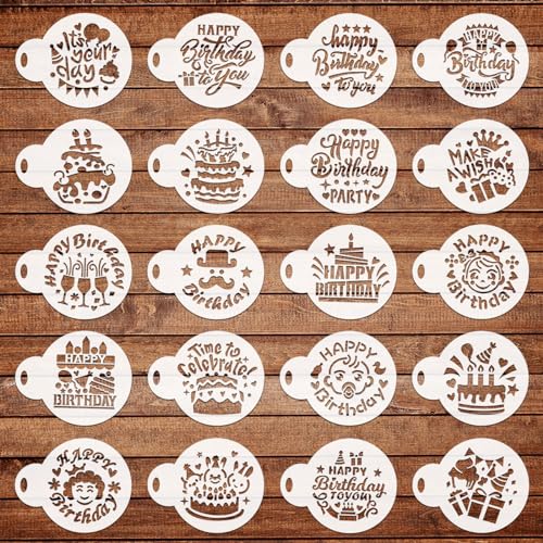 SRIZIAN 20 Stück Geburtstags-Keks-Schablonen, wiederverwendbare Kaffee-Schablonen, Back-Mal-Journal-Formwerkzeuge für Kekse Backen Malen Dessert-Dekoration von SRIZIAN