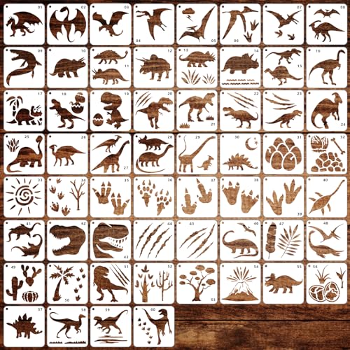 SRIZIAN 60 Stück Schablonen Set, Dinosaurier Zeichnung Malschablonen DIY Schablonen, Wiederverwendbar Kunststoff Schablonen für Malerei auf Holz, Möbel Wand Home Decor Scrapbooking (7.6×7.6cm) von SRIZIAN